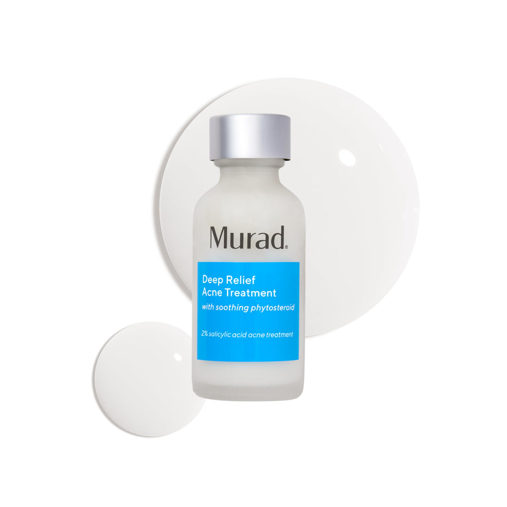 Murad Deep Relief acne-treatment bottle shows 2% salicylic acid for fast breakout relief.