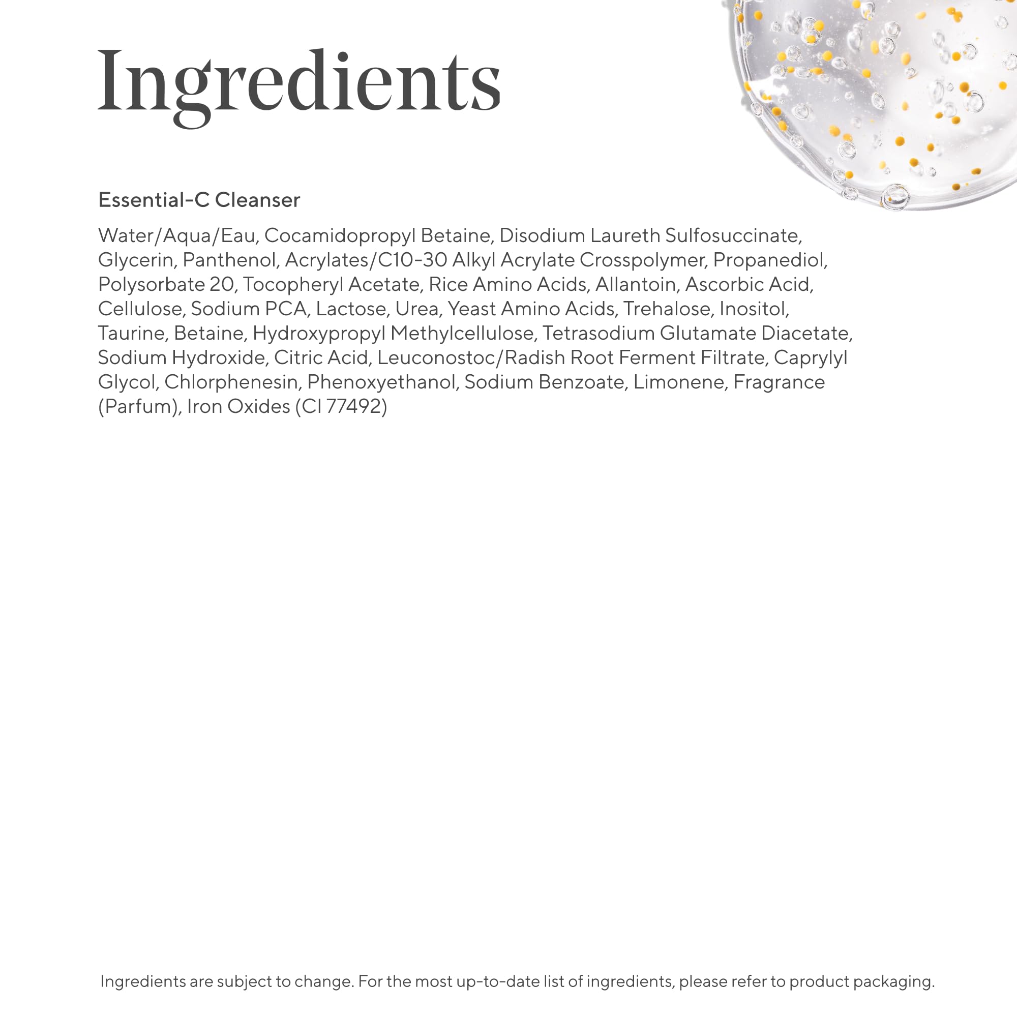 Murad Essential-C cleanser ingredients list shot communicates hydrating humectants.