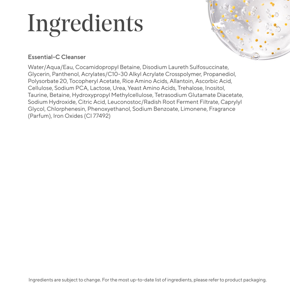 Murad Essential-C cleanser ingredients list shot communicates hydrating humectants.