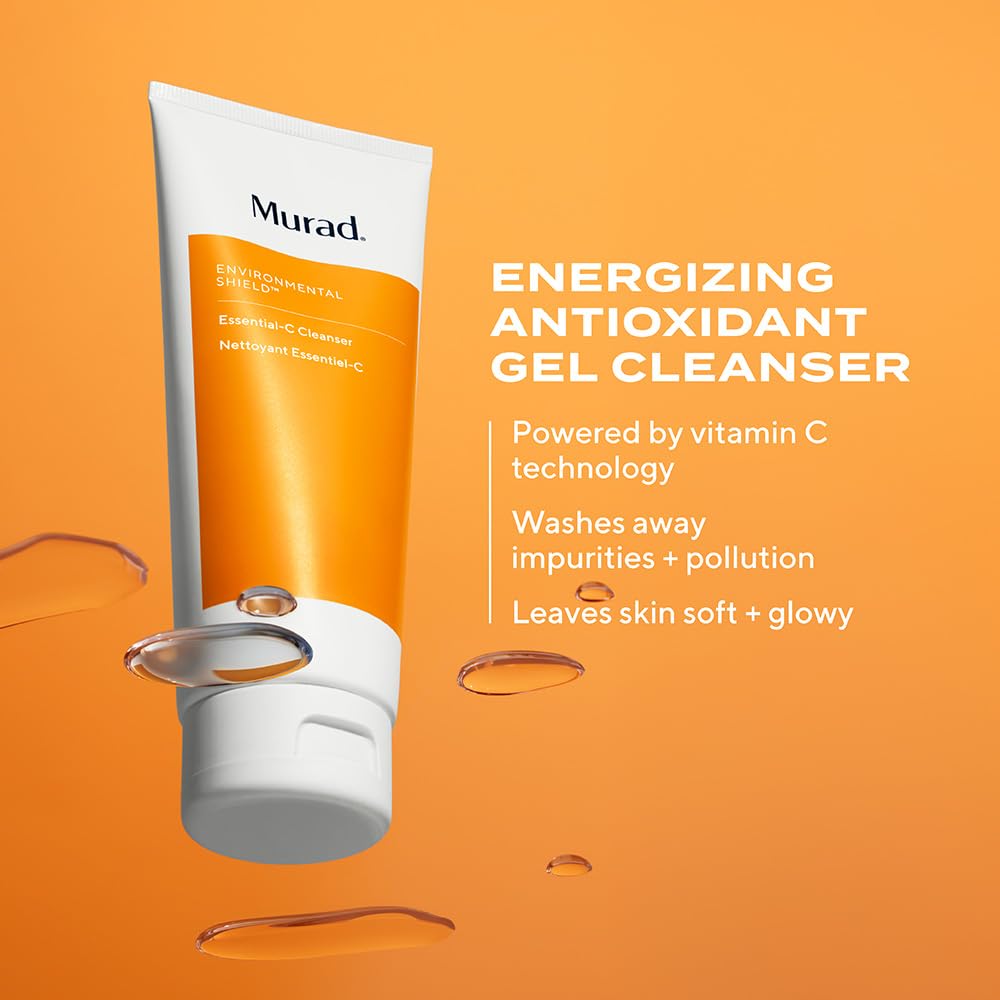Murad Essential-C cleanser vitamin C droplets close-up suggests antioxidant protection.