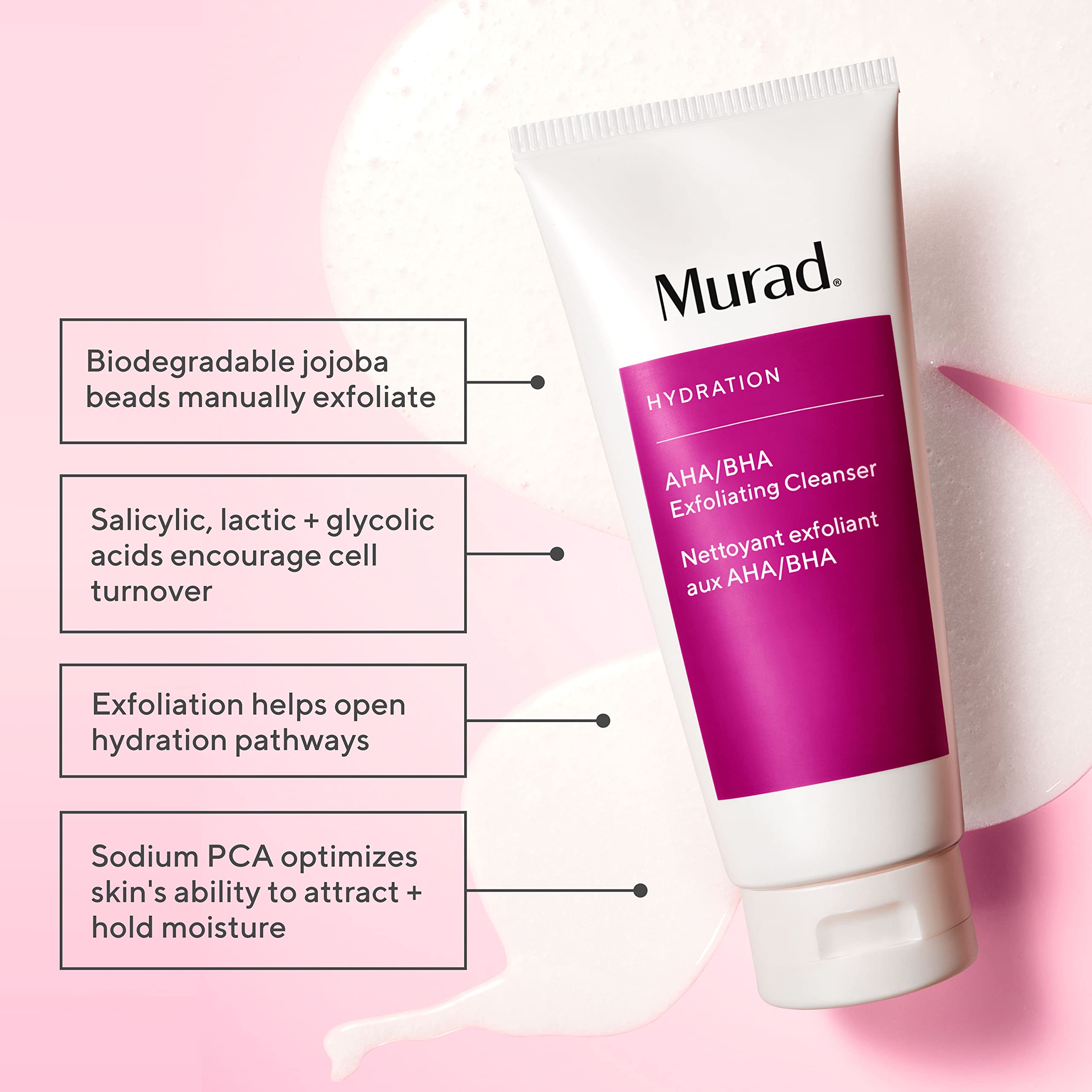 Murad exfoliating cleanser cream texture close-up shows creamy polish for smoother skin.
