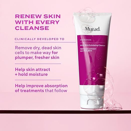 Murad exfoliating cleanser lather swatch demonstrates fine particles for dullness reduction.