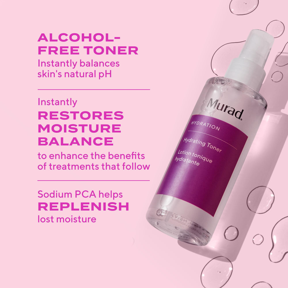 Murad Hydrating Toner bottle-pour demonstrates gentle, alcohol-free application for soothing skin