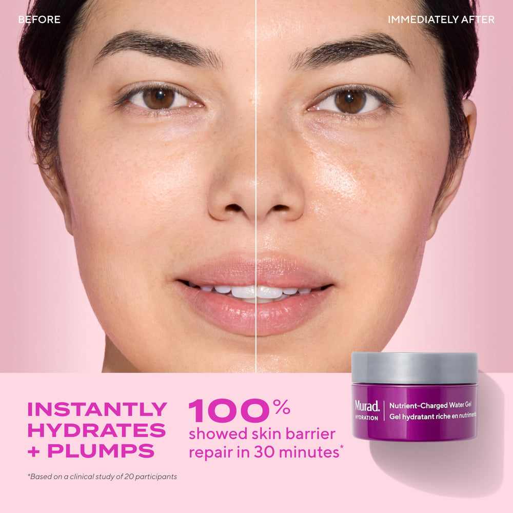 Murad Nutrient-Charged Water Gel swatch demonstrates quick-absorbing hydration on skin.