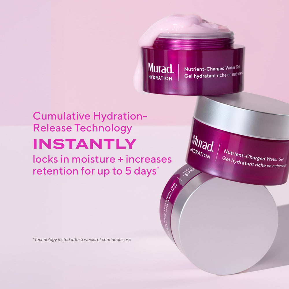 Ingredient panel highlights vitamins and minerals in Murad water-gel formula.
