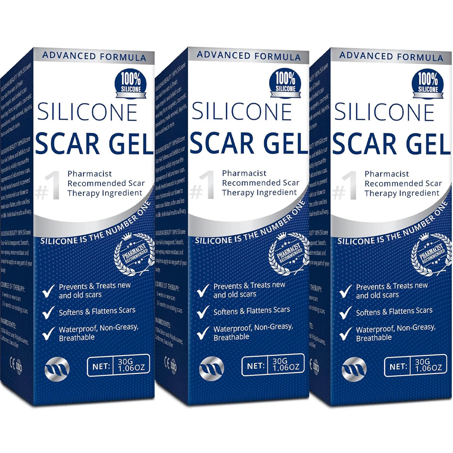 Murasaki Beauty silicone scar gel three-pack tubes for scar fading support and precise application