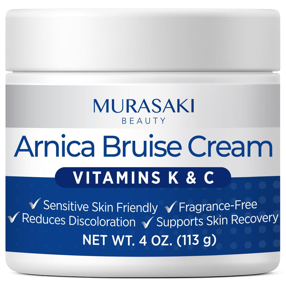 Murasaki Beauty Arnica Bruise Cream bottle for portable bruise relief on sensitive skin.
