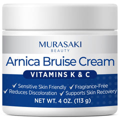 Murasaki Beauty Arnica Bruise Cream bottle for portable bruise relief on sensitive skin.