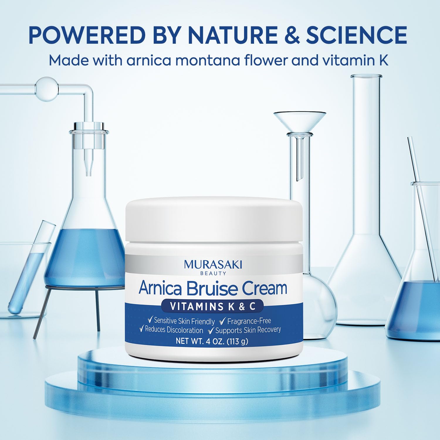 Murasaki Beauty Arnica Bruise Cream packaging highlighting a 4oz daily-care jar.