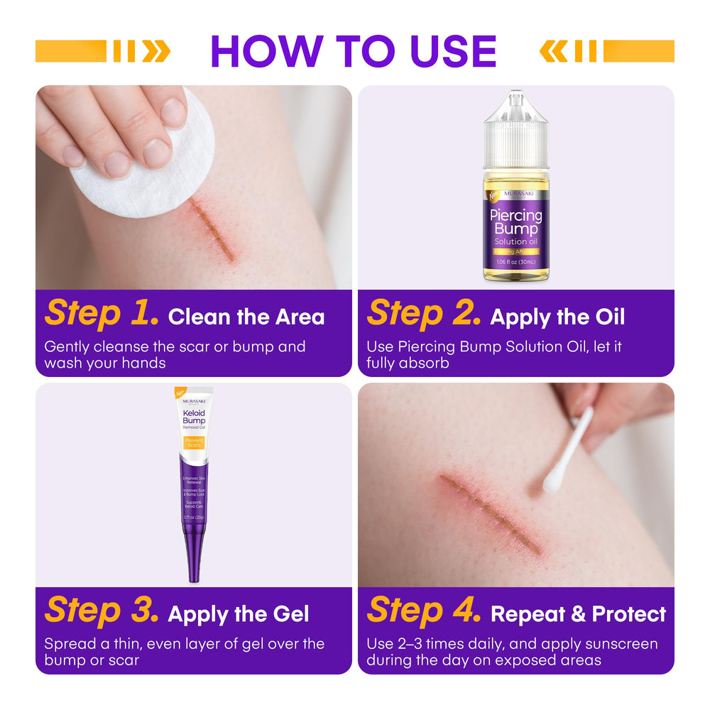 MURASAKI BEAUTY keloid bump gel aftercare steps with piercing bump treatment.