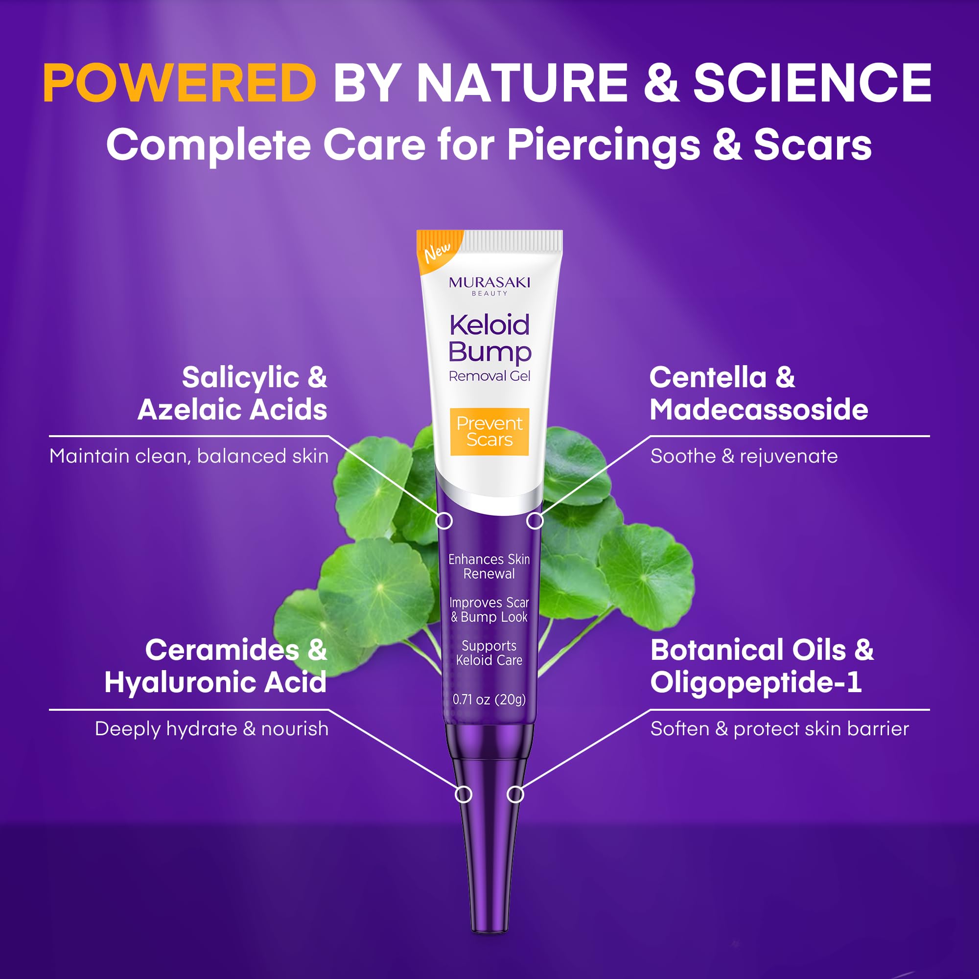 MURASAKI BEAUTY keloid bump gel used on face demonstrates daily scar care.