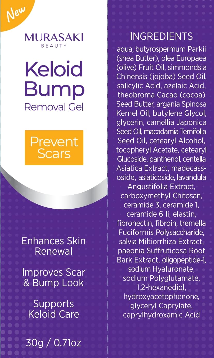 MURASAKI BEAUTY keloid bump gel ingredients list highlighting ceramides and hyaluronic acid.