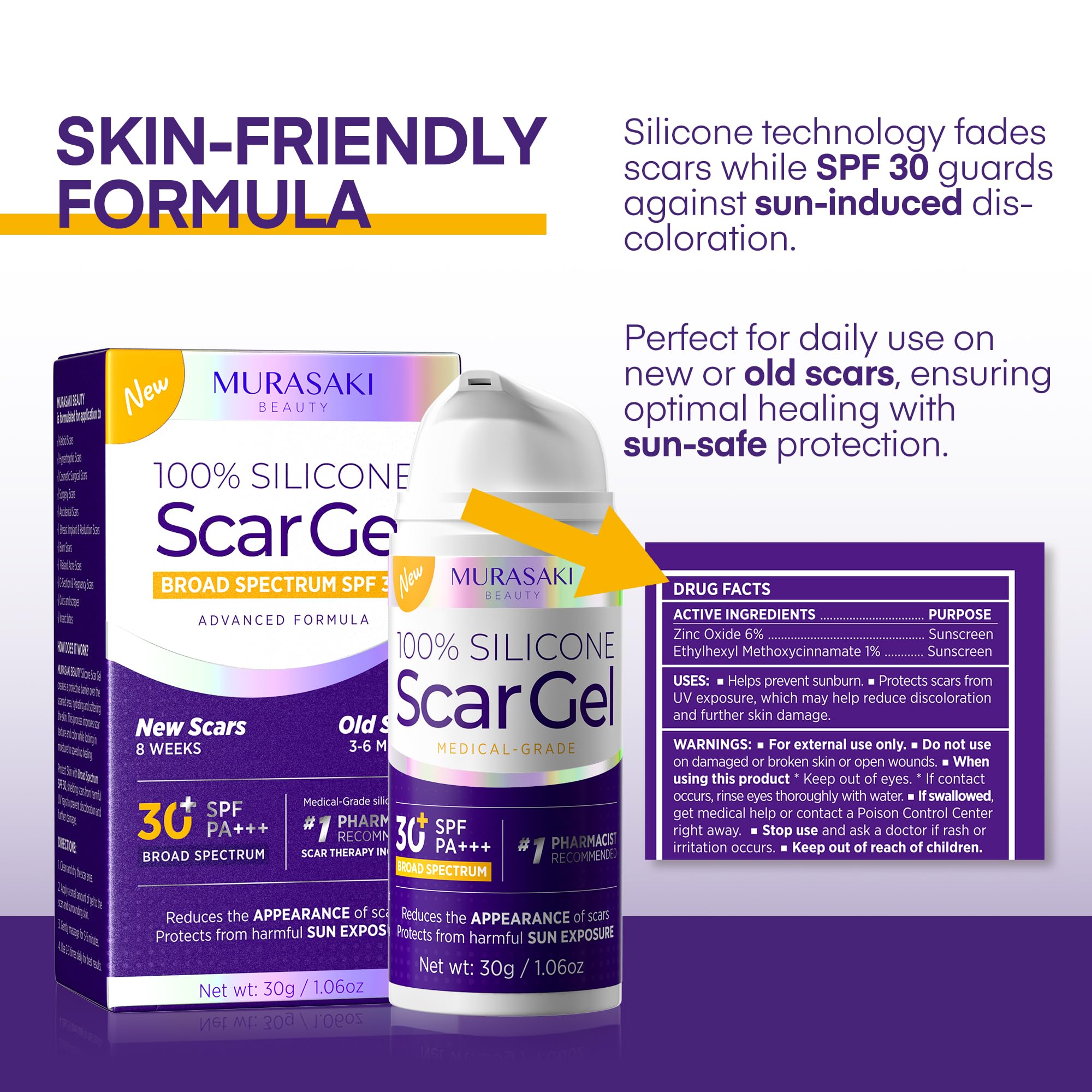 MURASAKI BEAUTY silicone scar gel on scar area with before-after texture cues