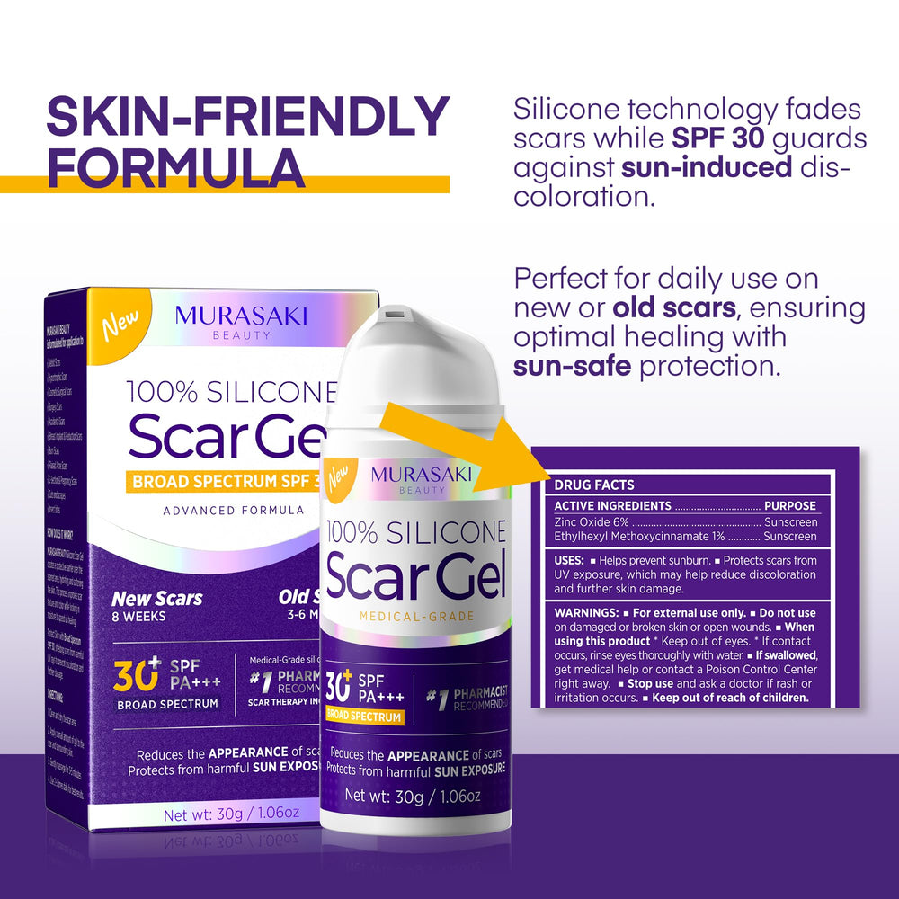 MURASAKI BEAUTY silicone scar gel on scar area with before-after texture cues