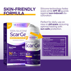 MURASAKI BEAUTY silicone scar gel on scar area with before-after texture cues