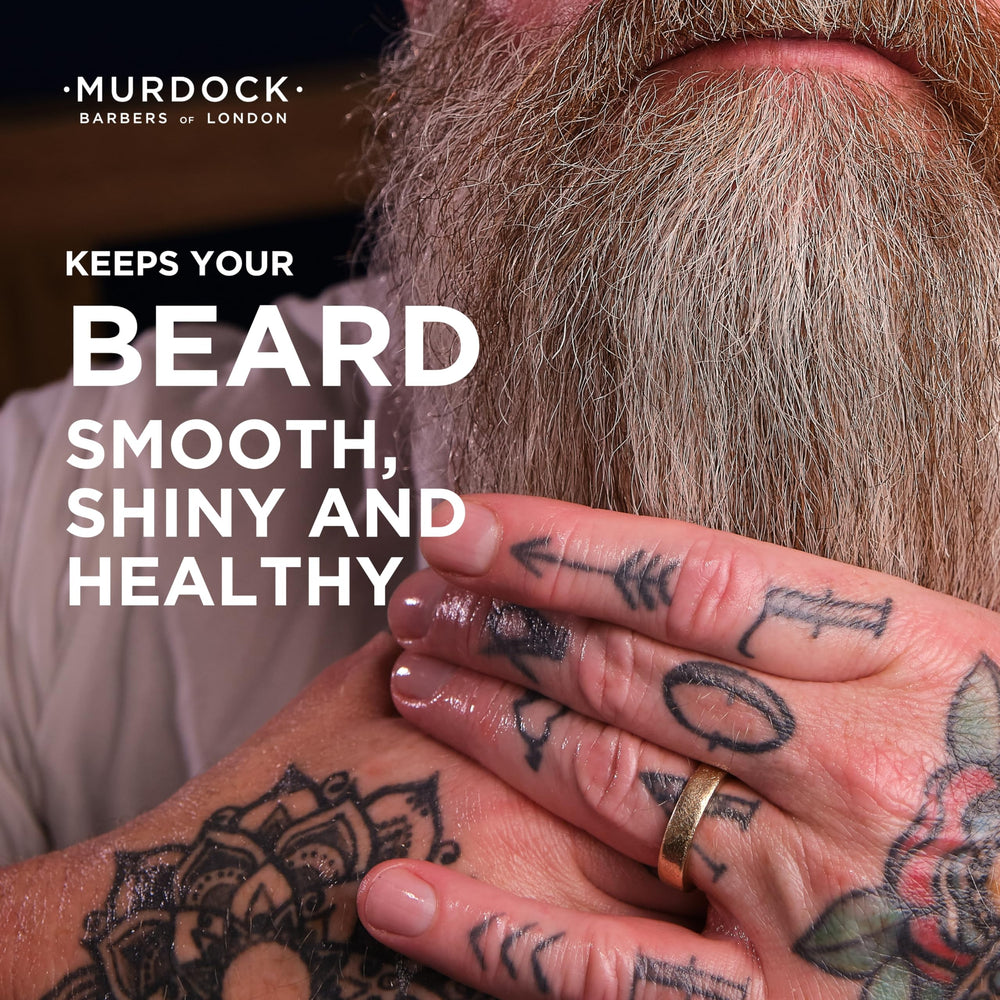 Murdock London beard oil pump-dispense enables easy, controlled application for conditioning.