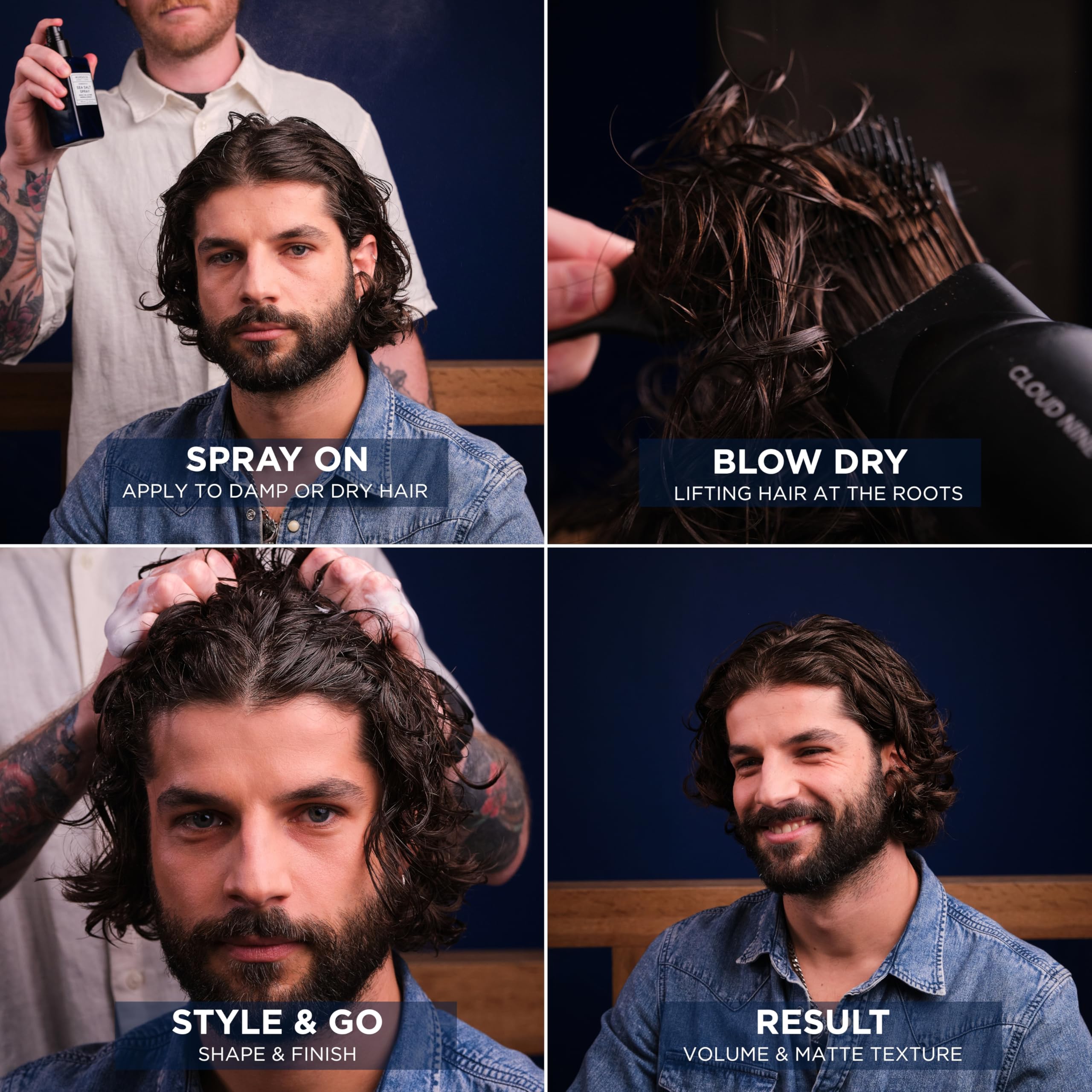 Murdock London Sea Salt Spray applied to damp hair for volume.