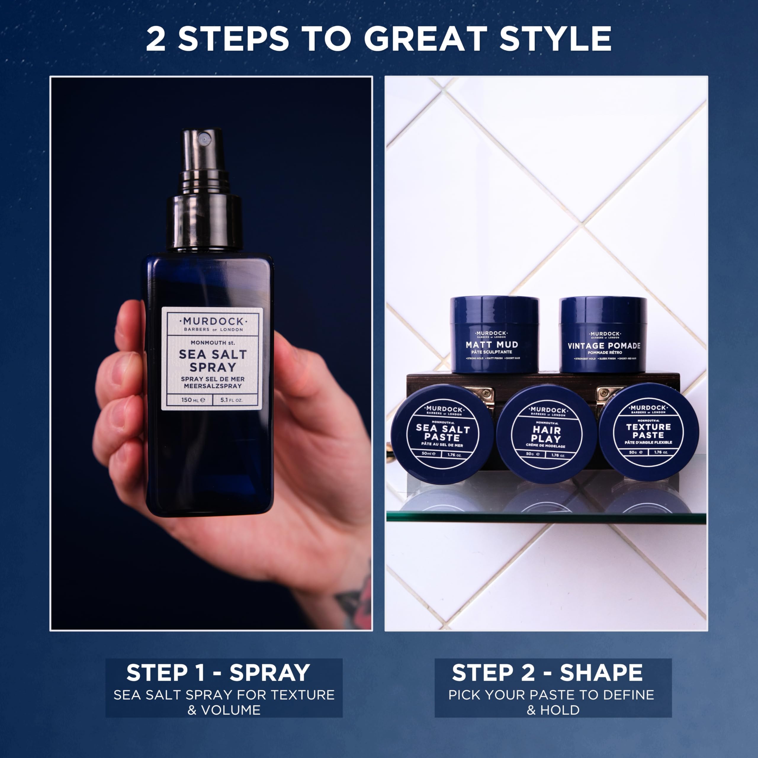 Murdock London Sea Salt Spray bottle with leak-resistant design for travel.