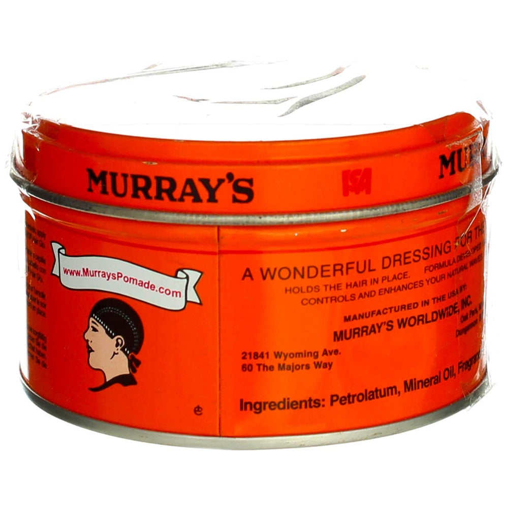 Murray's pomade 3oz jar back view highlights classic packaging and reliable styling