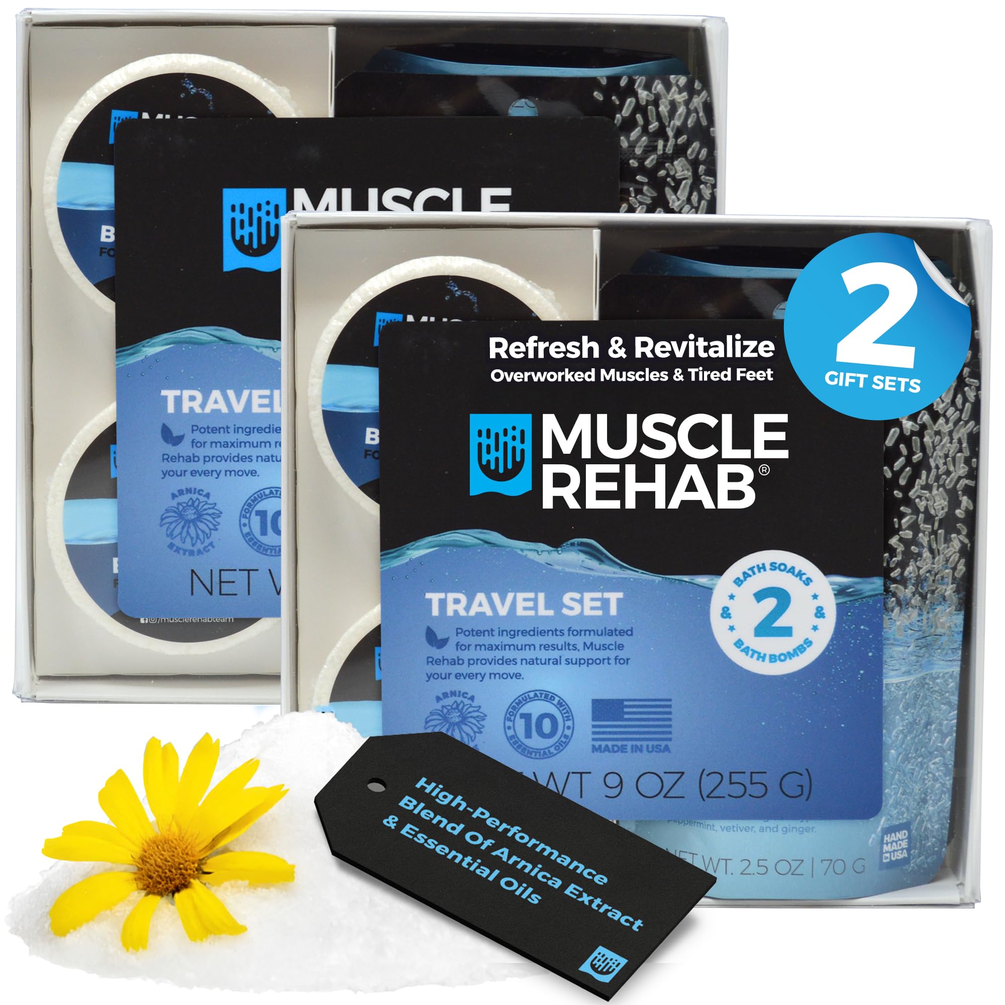 Muscle Rehab bath bomb arnica eucalyptus for soothing post-workout recovery.