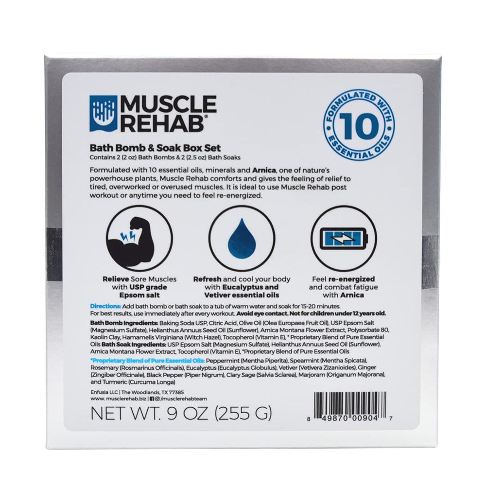 Muscle Rehab bath bomb featuring clary sage and vetiver for calming aromatics.