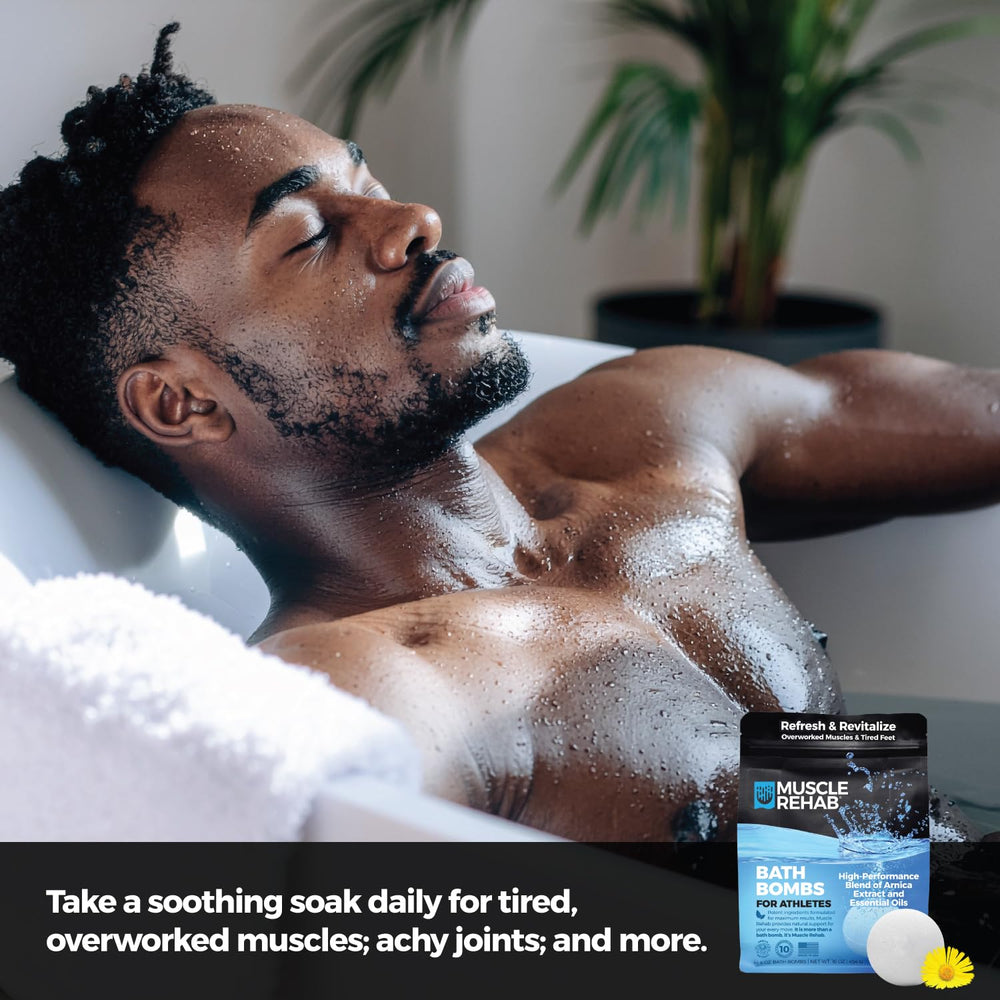 Muscle Rehab bath-time scene suggests a calming post-exercise soak.
