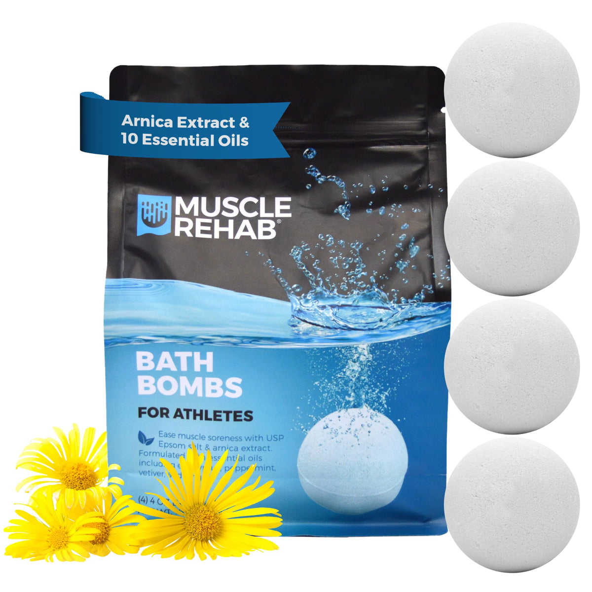 Muscle Rehab epsom salt bath bomb 4pack on display for post-workout recovery.