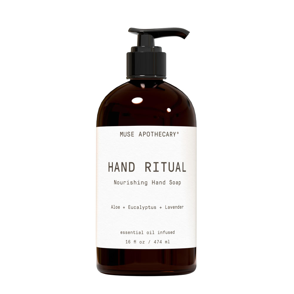 Muse Apothecary Hand Ritual bottle closeup shows premium aromatherapy hand soap for daily pampering