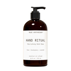 Muse Apothecary Hand Ritual bottle closeup shows premium aromatherapy hand soap for daily pampering