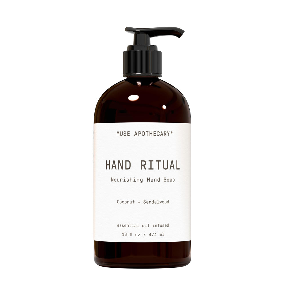Muse Apothecary Hand Ritual bottle-front shows coconut-sandalwood soap for daily cleansing.