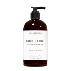 Muse Apothecary Hand Ritual bottle-front shows coconut-sandalwood soap for daily cleansing.