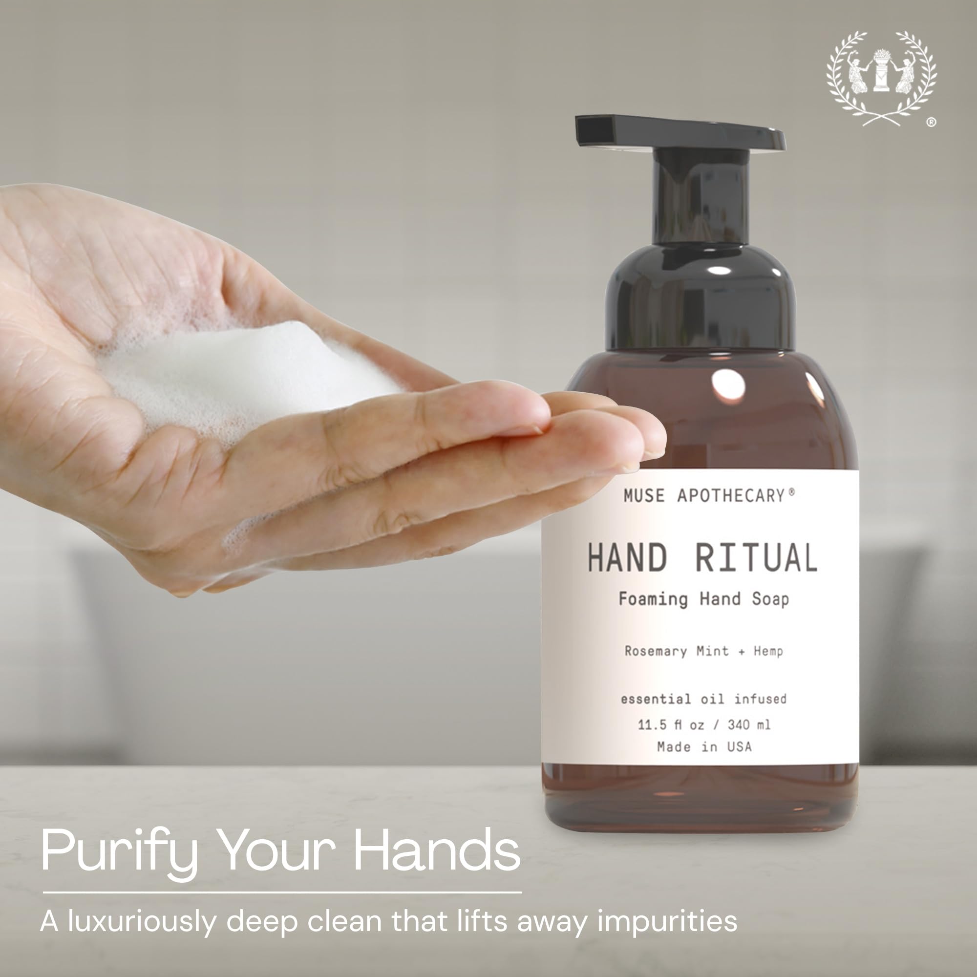 Muse Apothecary Hand Ritual foamy lather highlights luxurious cleansing and skin-softening experience.