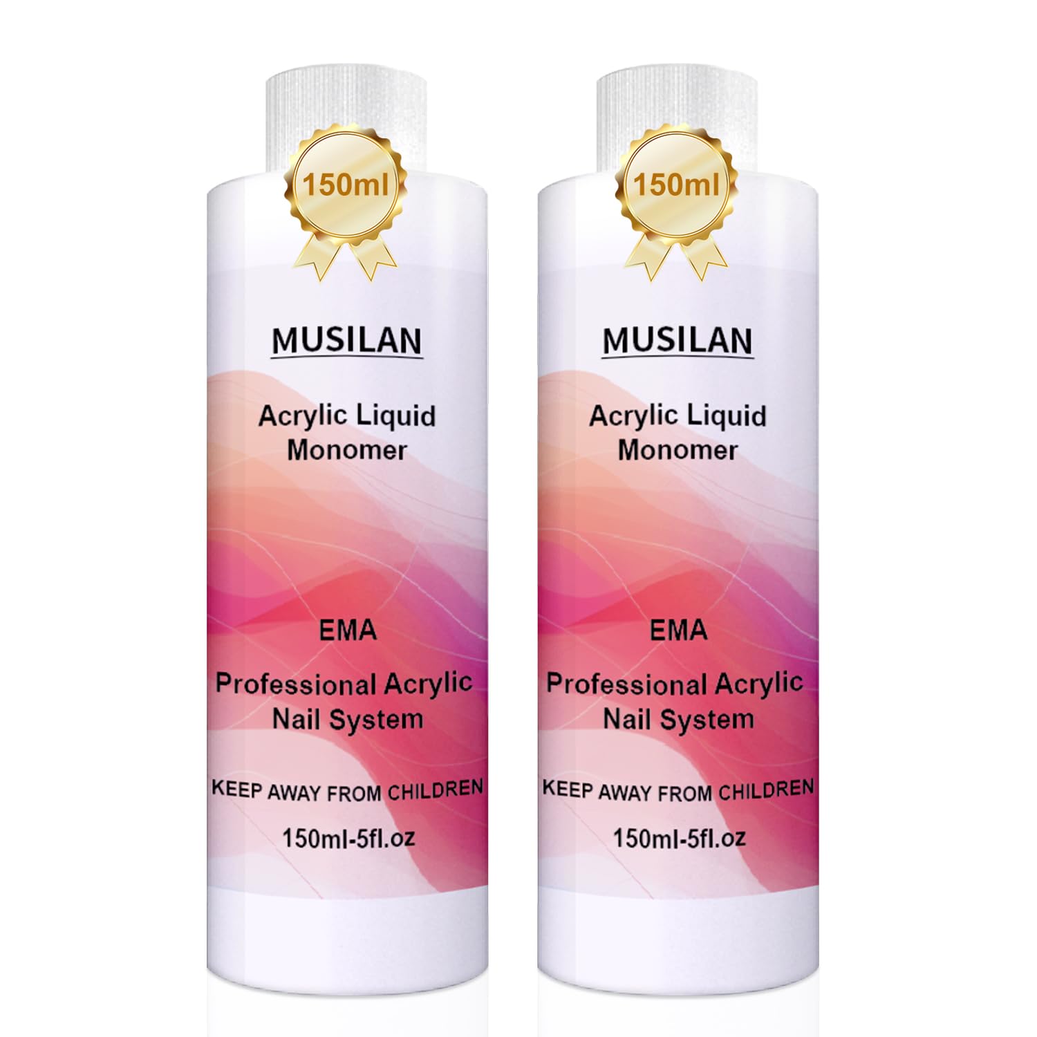 MUSILAN monomer acrylic nail liquid bottle closeup showing color clarity and precise application.