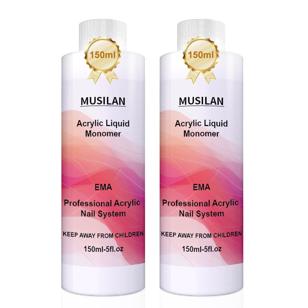 MUSILAN monomer acrylic nail liquid bottle closeup showing color clarity and precise application.