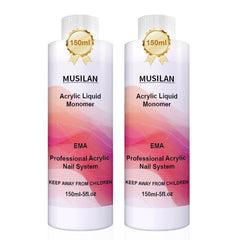 MUSILAN monomer acrylic nail liquid bottle closeup showing color clarity and precise application.
