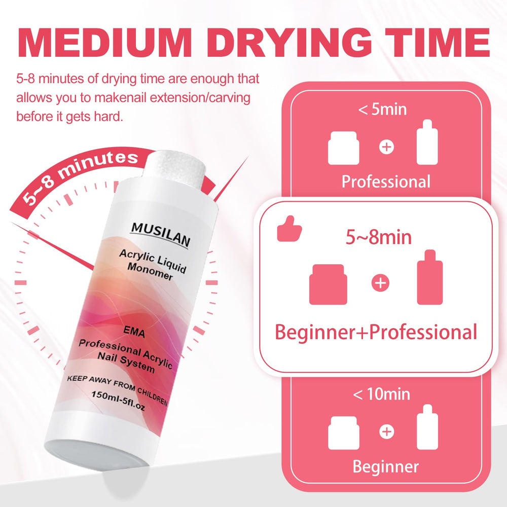 MUSILAN monomer acrylic nail liquid compatible with powder for durable extensions.
