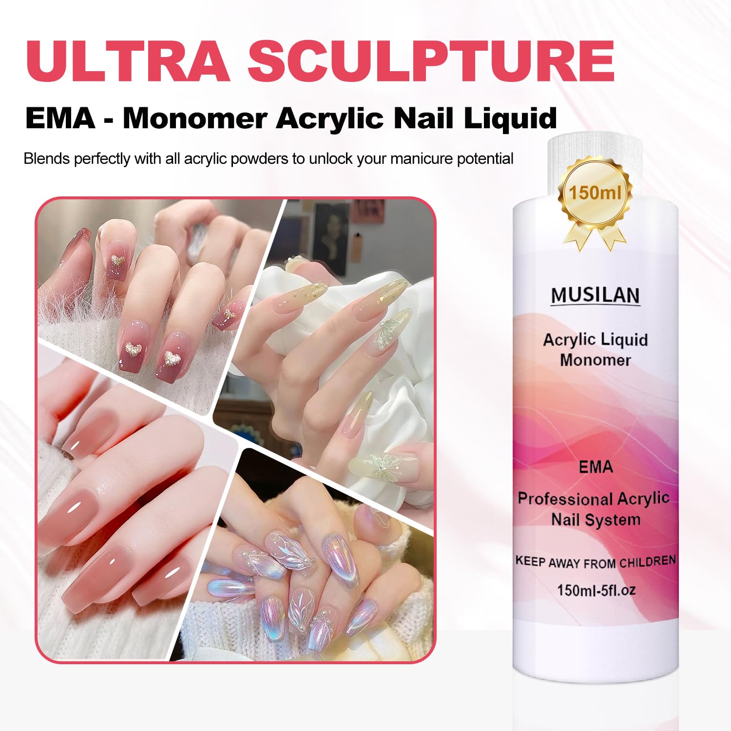 MUSILAN monomer acrylic nail liquid bottle with quick 3-5 minute drying for efficient sessions.