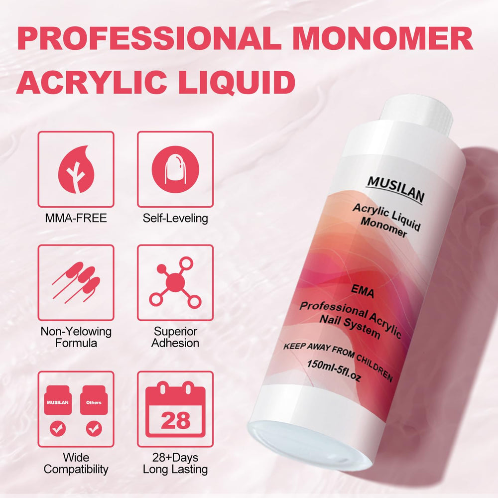 MUSILAN monomer acrylic nail liquid UV-stabilized formula preserving clarity for long-lasting color.