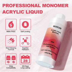 MUSILAN monomer acrylic nail liquid UV-stabilized formula preserving clarity for long-lasting color.
