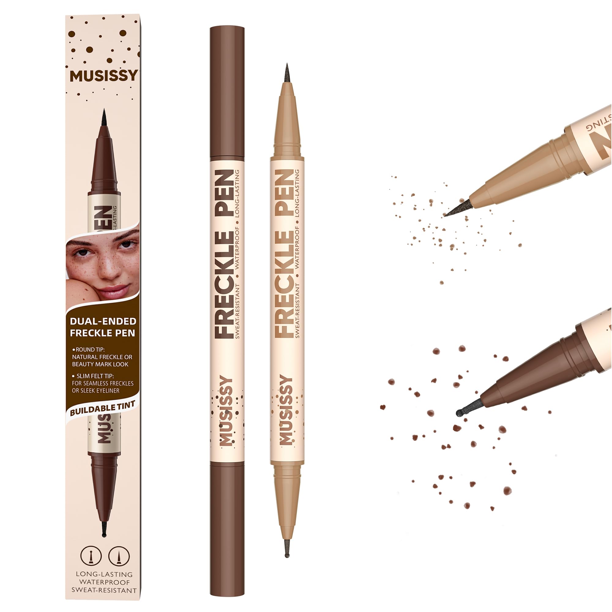 MUSISSY 2-in-1 freckle-pen precision-tip close-up for precise microblading-like freckles.