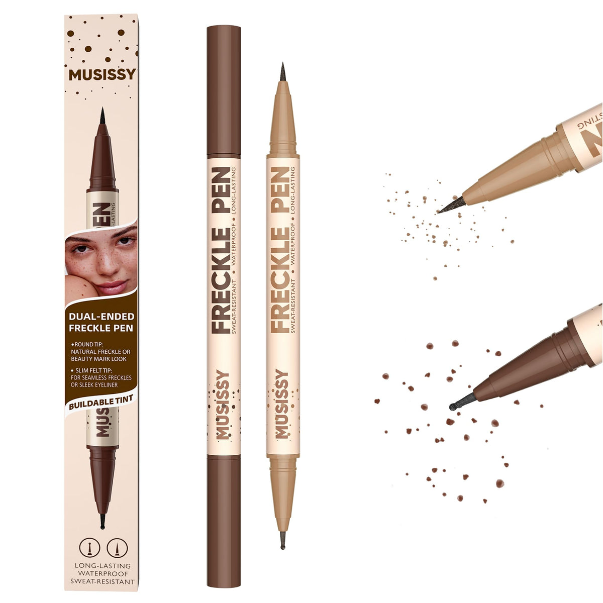 MUSISSY 2-in-1 freckle-pen precision-tip close-up for precise microblading-like freckles.