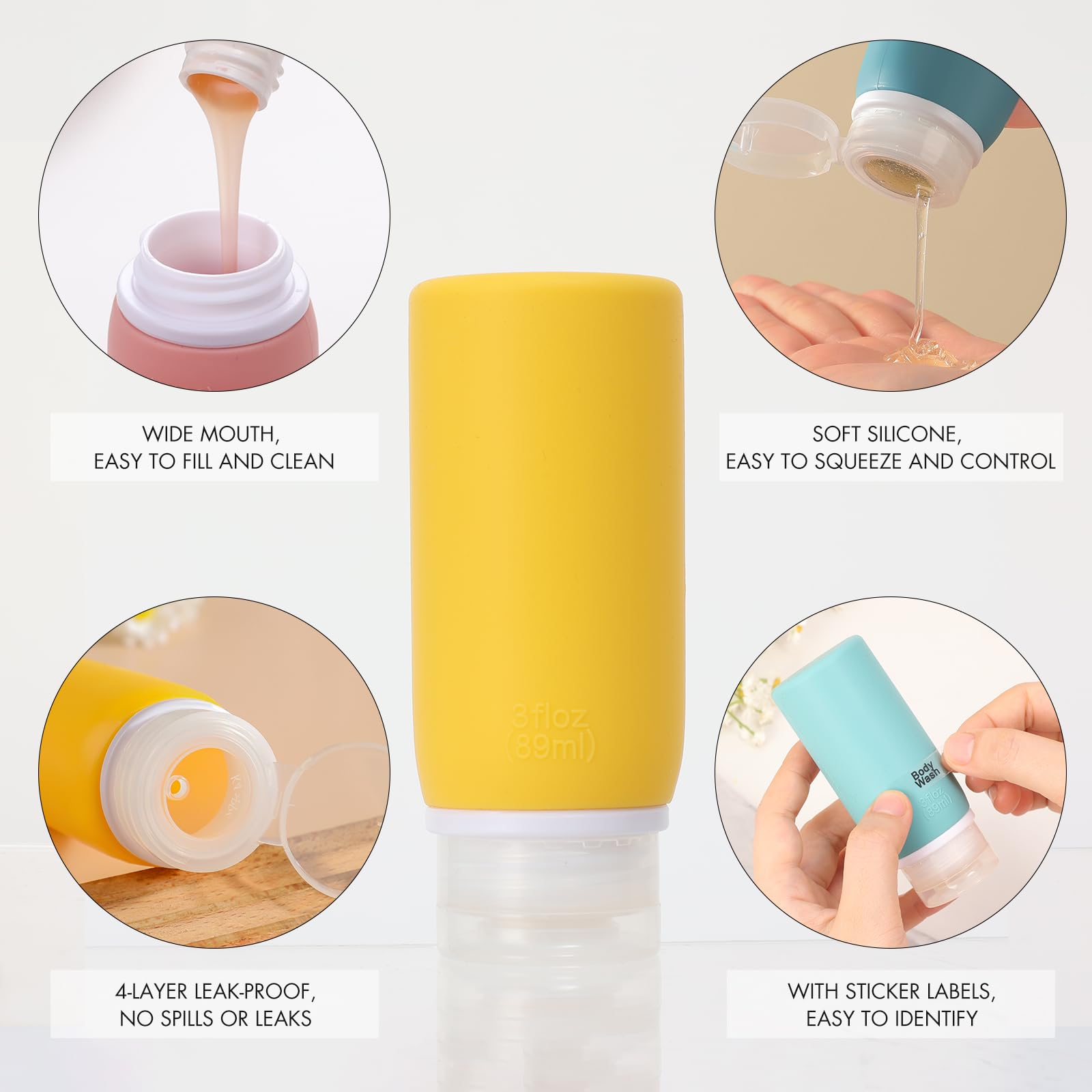 Muslish silicone bottles 3oz in use, lightweight and easy to squeeze.