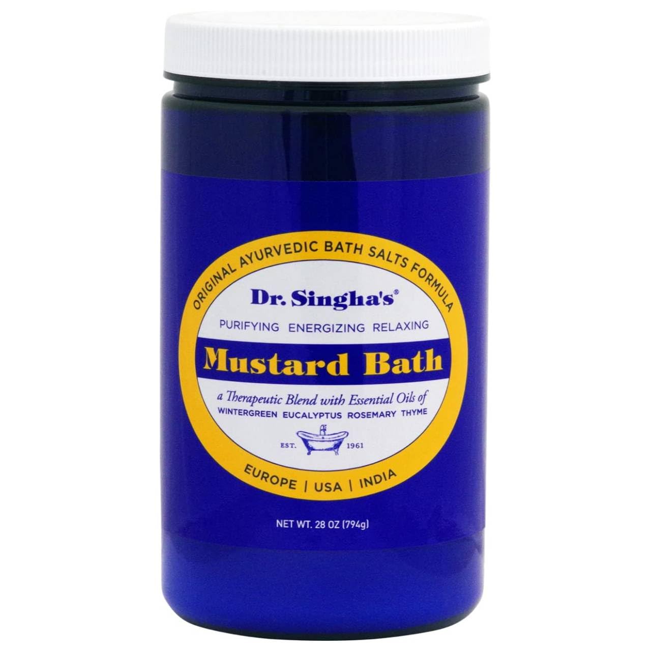 Mustard bath jar on shelf reflects heritage and trusted craft.
