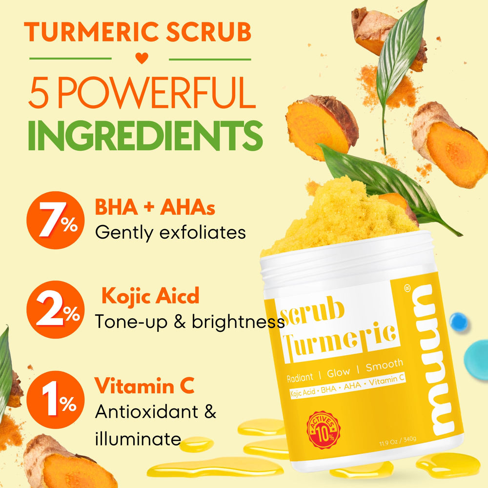 Muun Turmeric Scrub jar closeup — creamy texture for gentle body exfoliation.