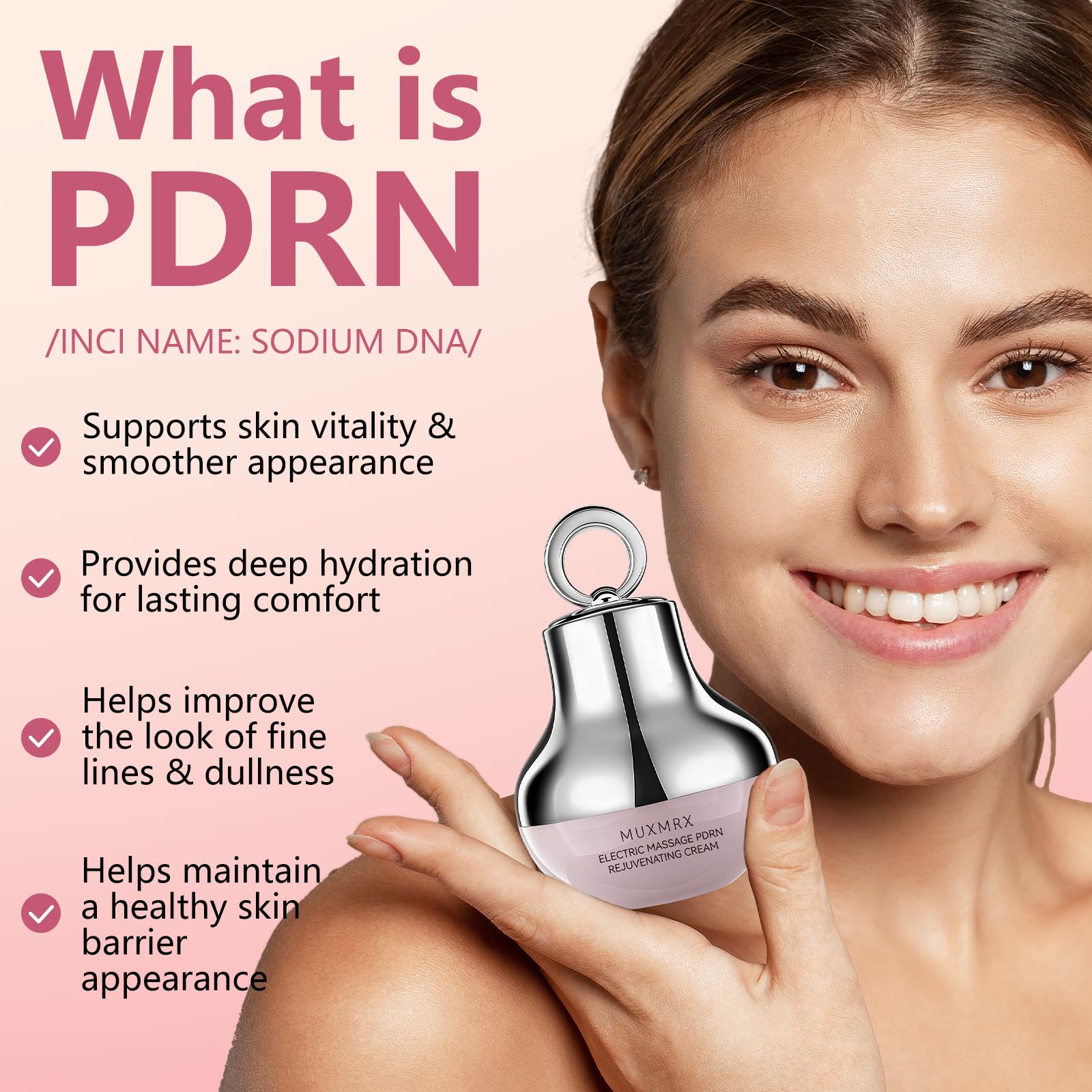 Muxmrx PDRN firming cream visuals show collagen and hyaluronic acid for hydration.