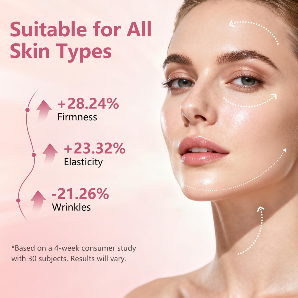 Muxmrx electric massage PDRN firming cream device-use image demonstrates neck and face massage technique.