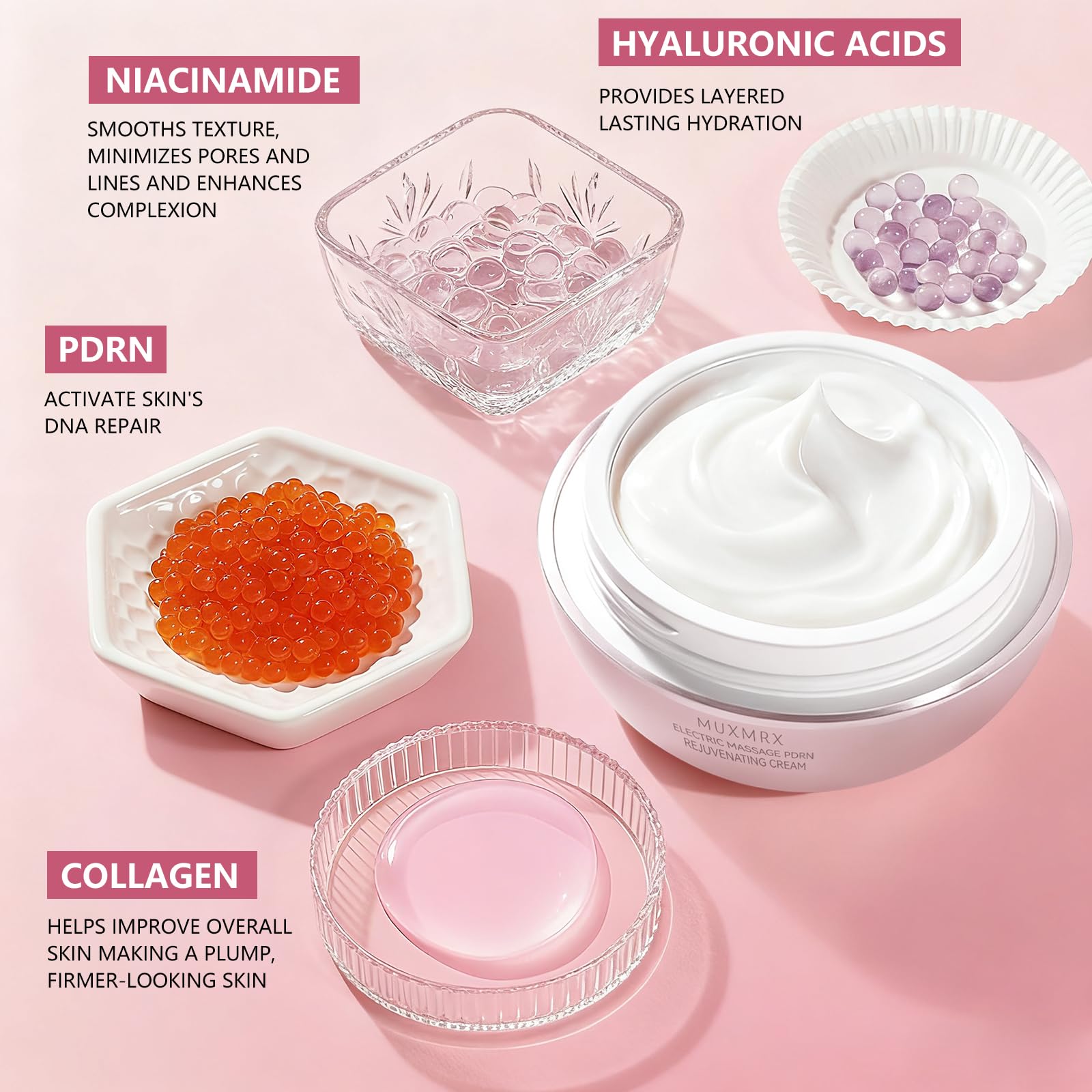 Muxmrx PDRN firming cream texture closeup reveals creamy consistency for smooth glide.