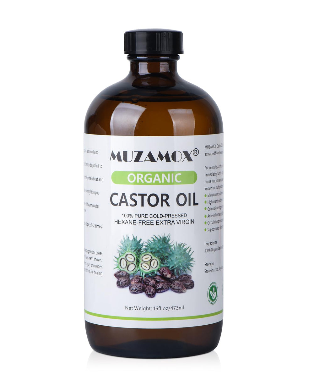 MUZAMOX castor oil amber glass bottle ready for easy pour and purity