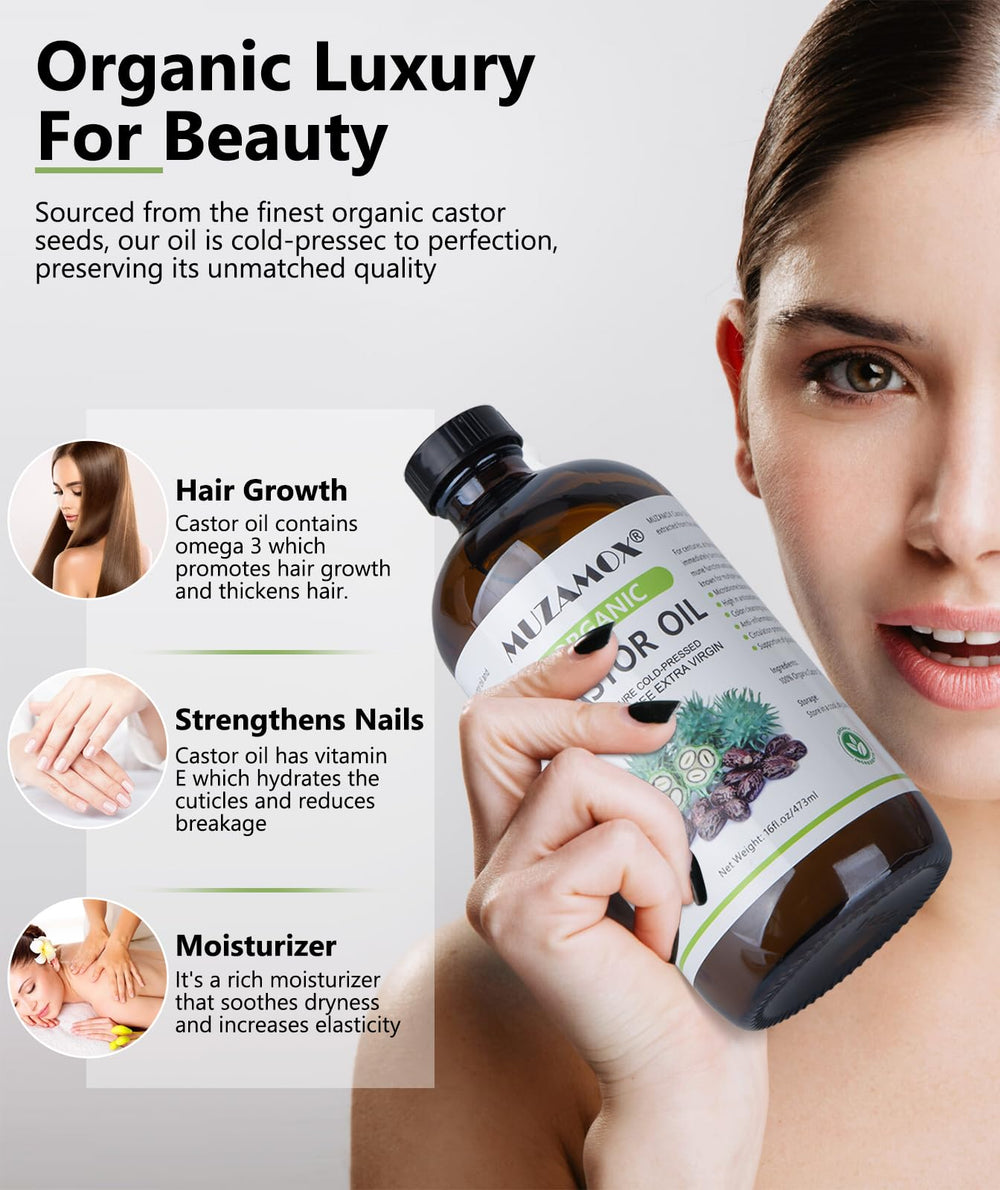 MUZAMOX castor oil bottle and packaging highlighting natural origin and purity