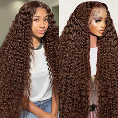 MXTQO 30-inch chocolate brown deep wave lace front wig showing length and fullness for a dramatic look